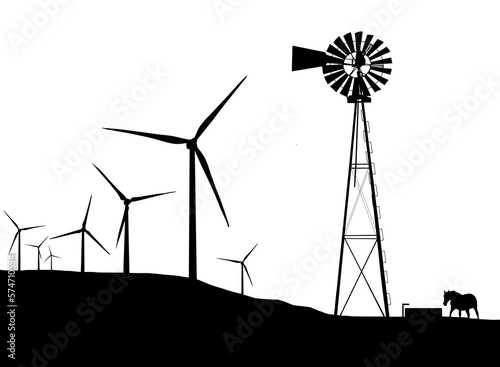 Wind turbines and an old water windmill are silhouetted at sunset as a horse comes to the old windmill for a drink of water.This is isolated on a transparent background.