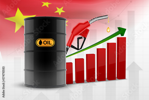 Oil barrel and fuel pump with chart of the oil index on background with China flag. EPS10 vector