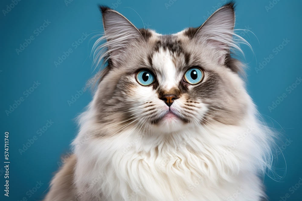 Cute portrait of long hair cat over light blue background. Generative AI illustration