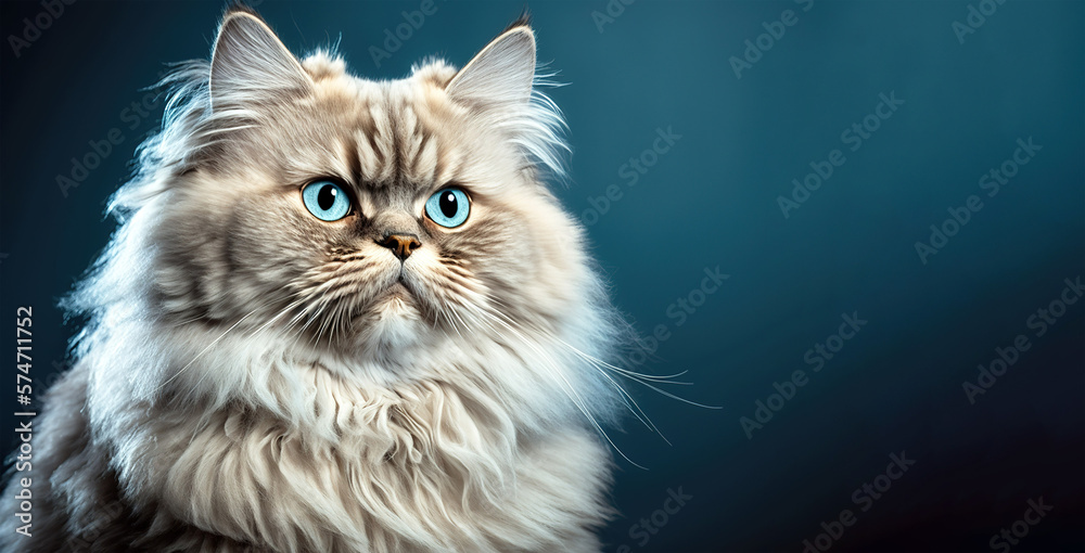 Cute portrait of Persian cat with blue eyes. Blue background with copy space. Generative AI illustration