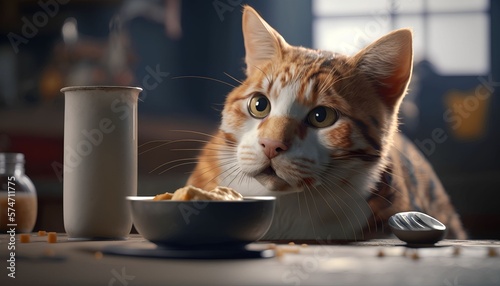 cat with disability eating wetfood, Generative AI