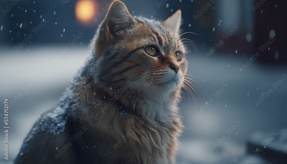 a cat with disability in outdoor when snowfall smiling to the camera