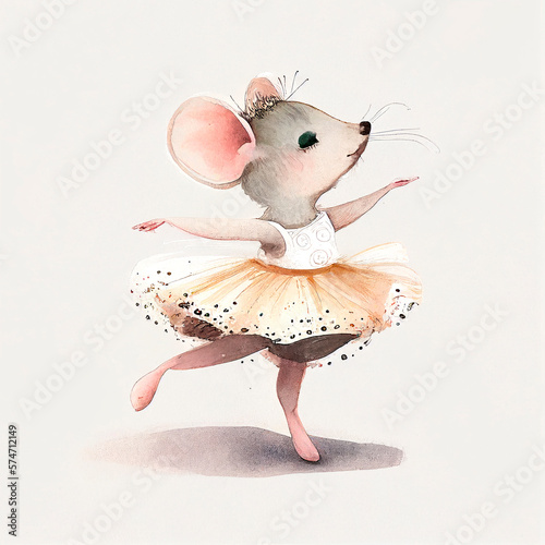 Leinwand Poster Cute little mouse painted in watercolor with a ballerina tutu performing ballet exercises