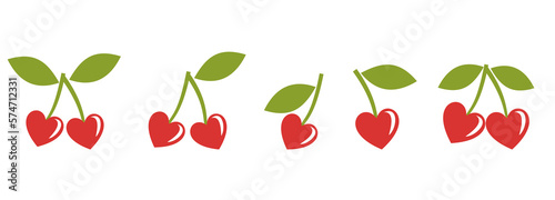 Cherries heart shape with green leaves icon sign isolated on white background vector illustration.