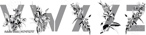 Decorative spring font with bouquets of primroses. Vintage letters V, W, X, Y, Z. Flower font. Font art nouveau, modern, vintage.
