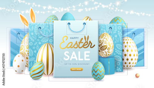 Happy Easter typography big sale poster with blue easter eggs and shopping bags. Greeting card or poster. Vector illustration