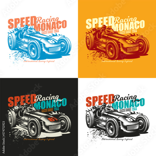 Original vector illustration in vintage style. An old vintage racing car. T-shirt design, stickers, print.