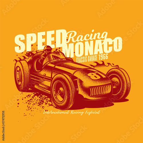 Original vector illustration in vintage style. An old vintage racing car. T-shirt design, stickers, print.