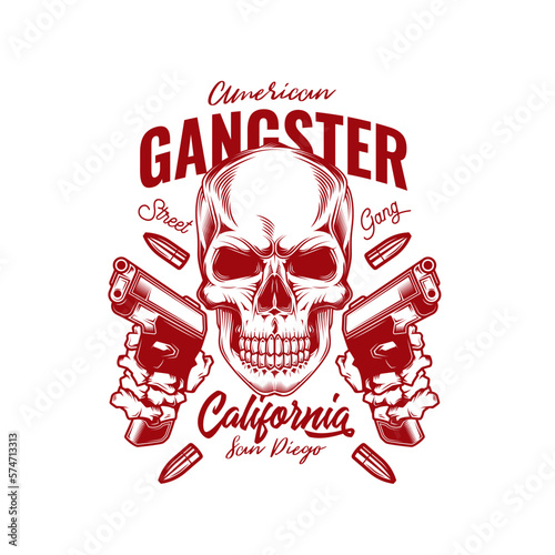 Original vector illustration in retro style. Skull bandit with two guns in his hands. T-shirt or sticker design.