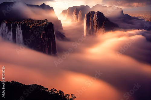 Beautiful landscape in the imagine world of high mountains peak and sunset or sunrise with sea of fog  above the cloud and flowing of the mist. 3D Rendering graphic  illustration drawing