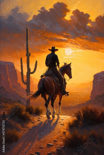 Silhoette of a cowboy in the WIld West, at sunset