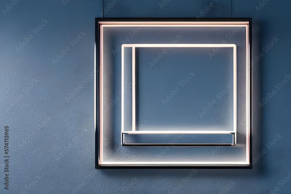 Bright violet rectangle neon frame at the wall backdrop and background. Bright violet rectangle neon frame at the wall backdrop and background.