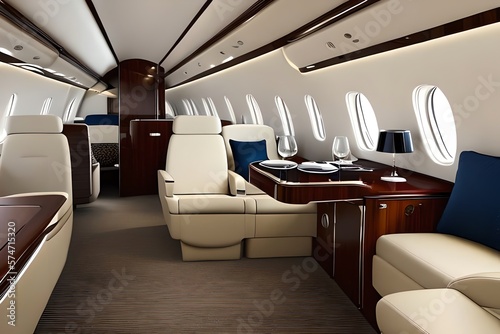 Interior Of Luxurious Private Jet With Leather Seats. Generative AI © Pixel Matrix