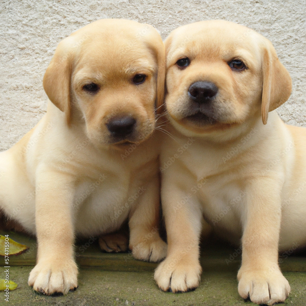 two cute yellow Labrador puppies resting in green grass two cute yellow Labrador puppies resting in green grass