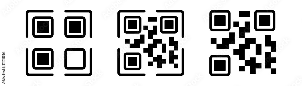 QR code icon set. QR scanner. QR code symbol in square. Barcode symbol. Identification label. Scanning icon. Stock vector illustration QR code icon set. QR scanner. QR code symbol in square. Barcode symbol. Identification label. Scanning icon. Stock vector illustration