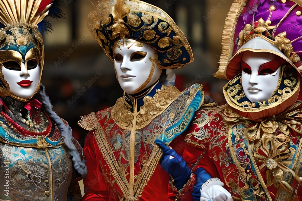 People Wearing Masks At The Venice Carnival. Venetian Carnival Mask. Generative AI