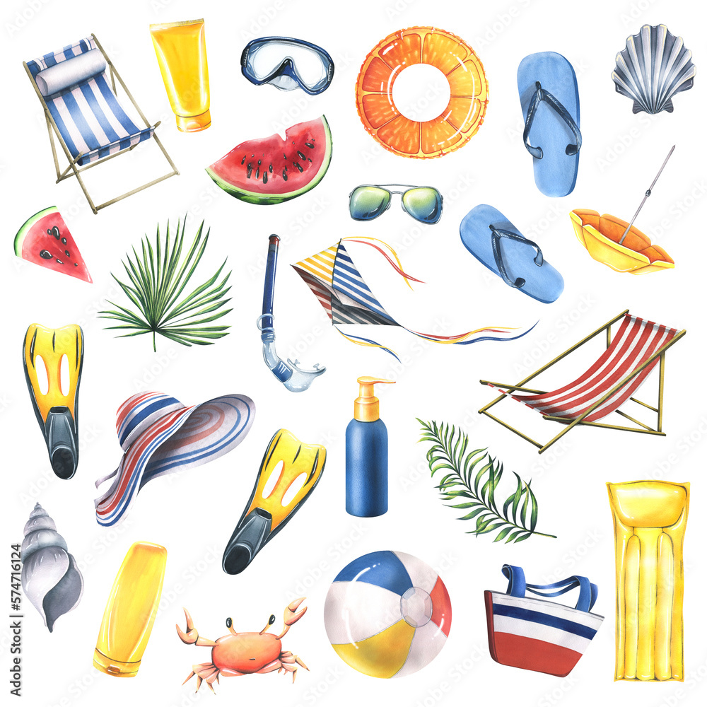 A large set from the BEACH VACATION collection. Watercolor illustration.  Isolated objects on a white background are tropical and marine accessories.  For decoration and design, compositions. Stock Illustration