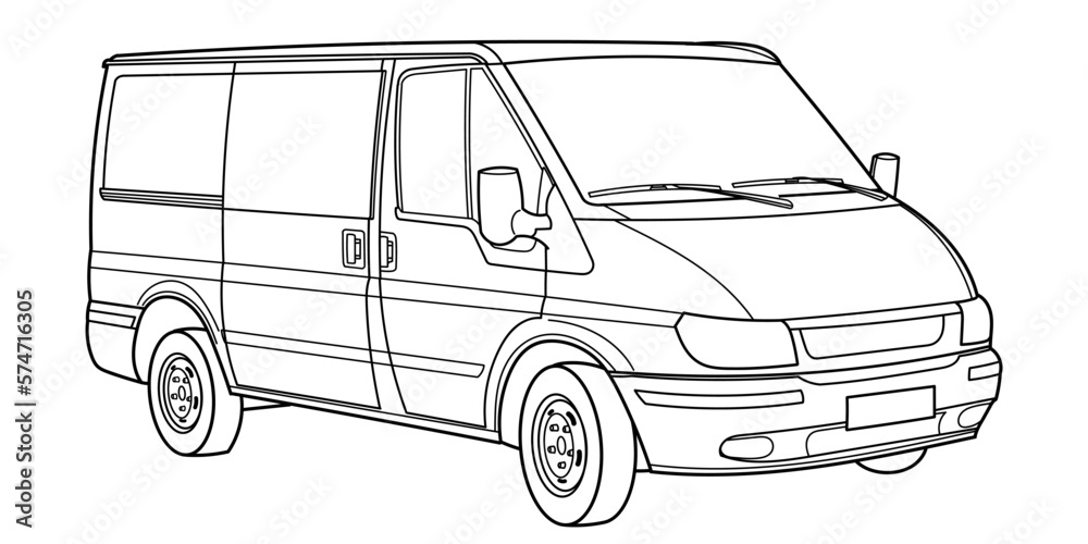Classic van bus car. Side view shot. Outline doodle vector illustration