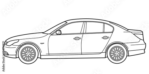 Classic executive sedan car. 5 door car on white background. Side view shot. Outline doodle vector illustration