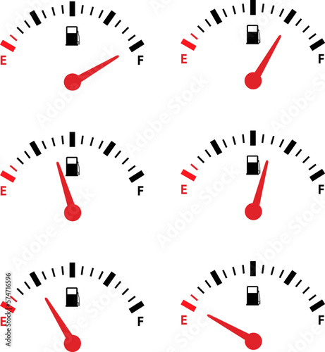 Set full tank scale, gas meter, clock face fuel measurements, fuel gauge indicator, dashboard scale icon, car control sensor sign, gasoline indicatior collection icons