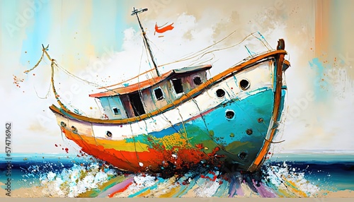 paint like illustration of fishing boat in ocean, Generative Ai photo