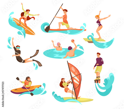People Characters Doing Water Sport Activity with Turquoise Wave Vector Set