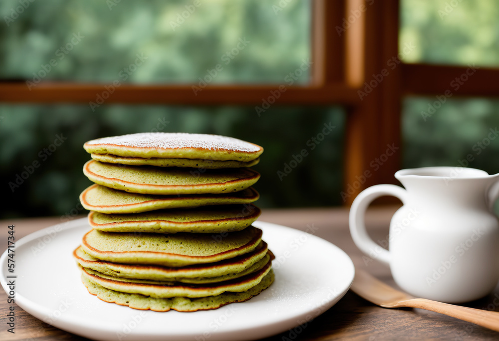 The green goodness: Matcha tea pancakes on the plate. The green goodness: Matcha tea pancakes on the plate.