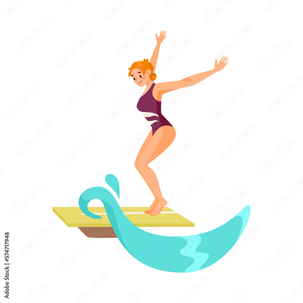 Woman Character Jumping in Water from Platform with Turquoise Spash Doing Water Sport Activity Vector Illustration