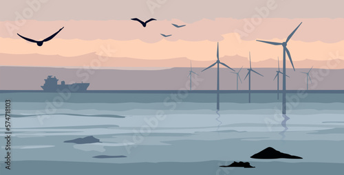 Landscape with offshore wind turbines and ship. Sustainable renewable green energy concept. Scenery with eco-friendly electricity resources in nature. Vector illustration