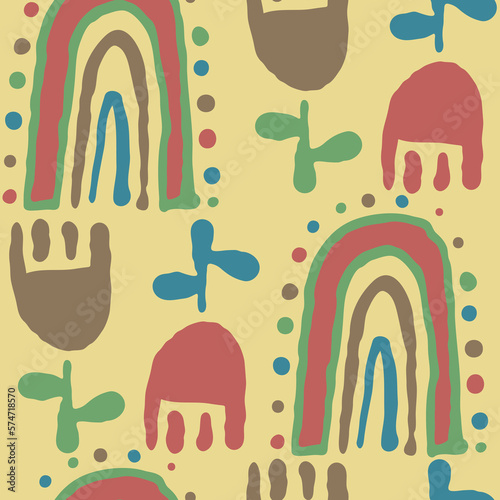 Tulip with leaves, rainbow pattern for fabric print, background decoration, paper ornament, wallpaper. Floral, garden, botanical, theme. Romantic, hand drawn illustration. Vintage style vector drawing