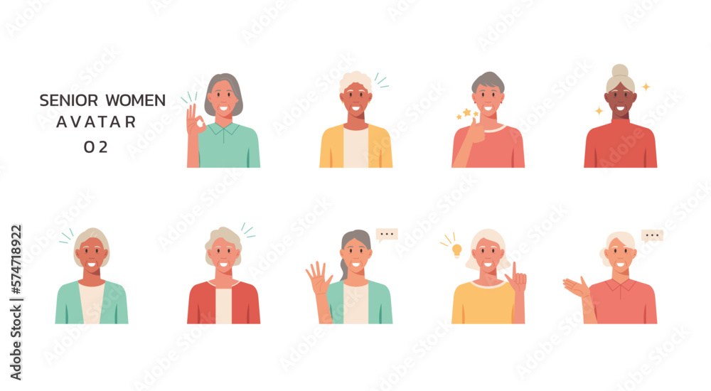 People portraits of older women with positive emotion isolated set, senior female faces avatars, vector flat illustration People portraits of older women with positive emotion isolated set, senior female faces avatars, vector flat illustration