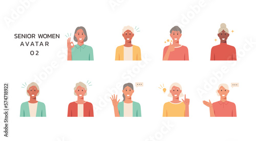 People portraits of older women with positive emotion isolated set, senior female faces avatars, vector flat illustration
