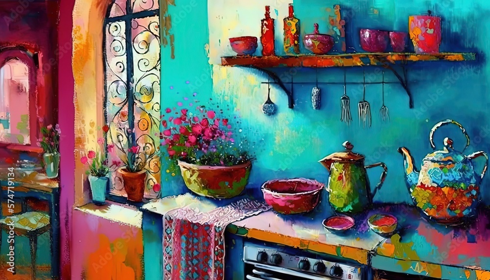 paint like illustration of vintage kitchen , idea for artistic background wallpaper, Generative Ai