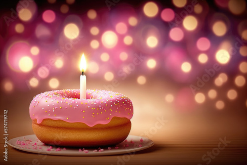 A pink doughnut with a burning candle against a bokeh backdrop. Generative AI.