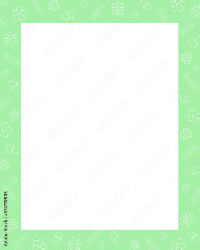 Springtime holidays card template cover design decorated with outline image flowers, butterflies, leaves, rectangular frame for Easter seasonal invitations, cards