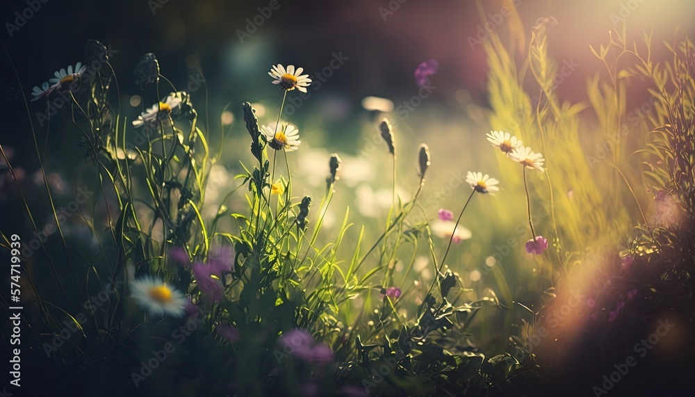 soft focused illustration of natural wild flower field, idea for spring background wallpaper, Generative Ai