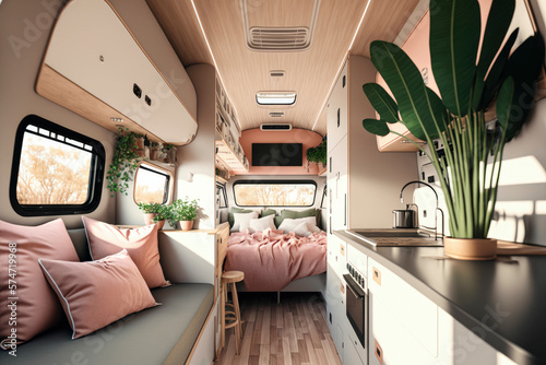 Fotografiet Recreational vehicle, camper interior ,Van life, made with Generative AI
