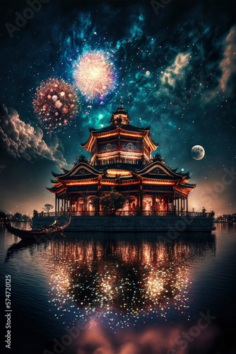 Beautiful Chinese or Japanese temple with fireworks ,made with Generative AI