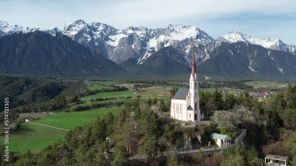 Aerial drone view of a church in Tyrol 