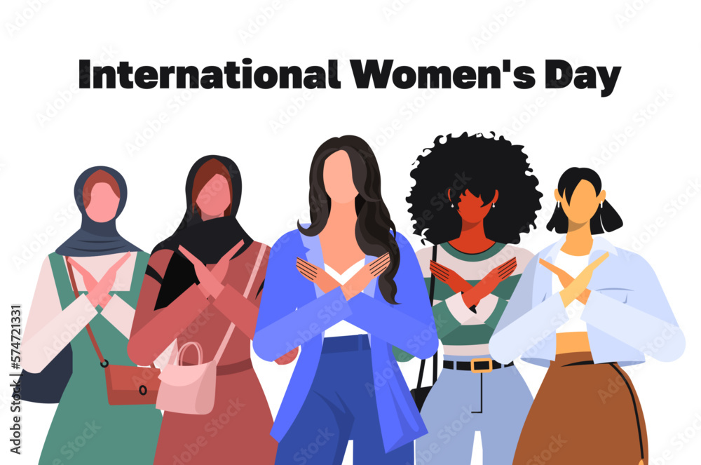 Diverse group of young stylish women standing together with cross arms. Women empowerment movement. International women's day. Flat vector illustration isolated on white background. Diverse group of young stylish women standing together with cross arms. Women empowerment movement. International women's day. Flat vector illustration isolated on white background.