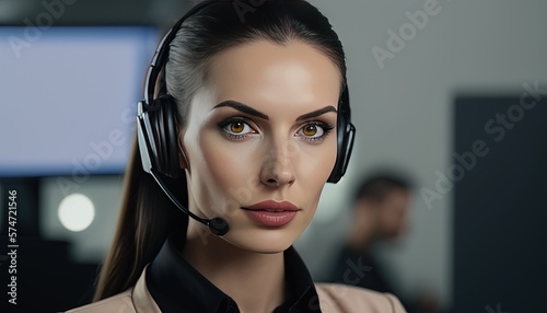 close up portrait of beautiful woman working as call center, confident and professional operator , Generative Ai photo