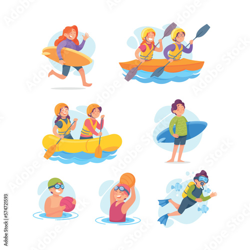 Funny Children Doing Water Sport Activity Vector Set