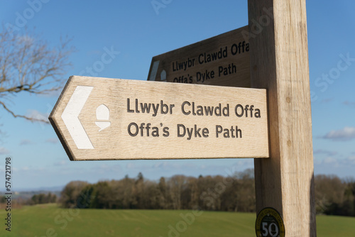 Offa's Dyke public footpath sign in English and Welsh languages in Chirk Wales a 177 mile long walking trail in the UK