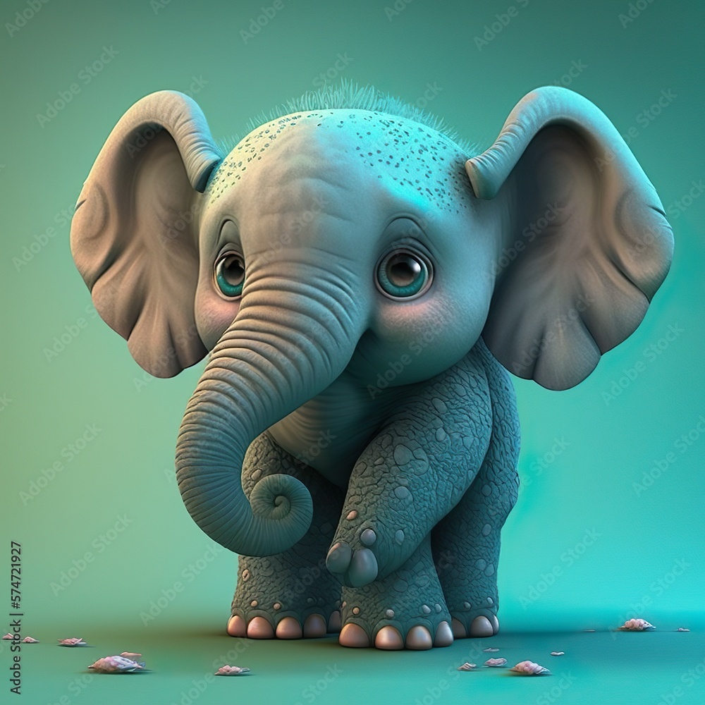 3d render cute little elephant full body iillustration shiny and fluffy ...