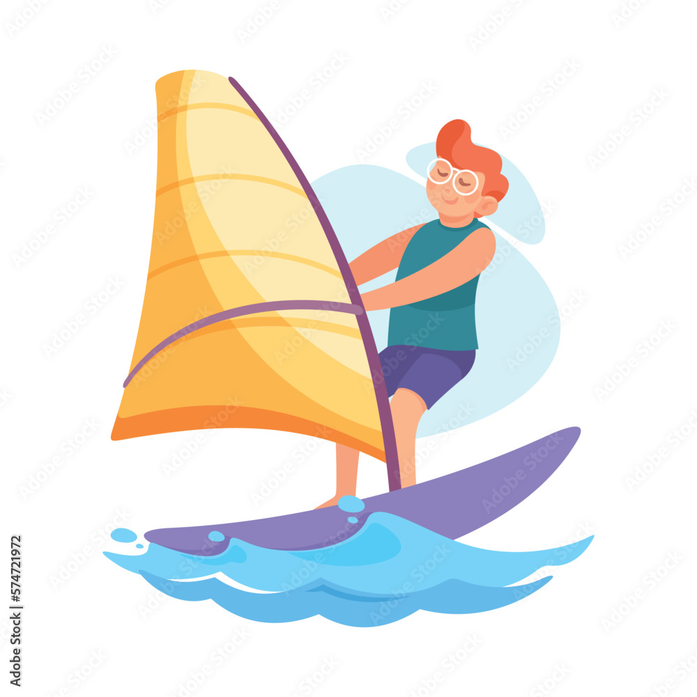 Funny Boy Windsurfing Doing Water Sport Activity Vector Illustration