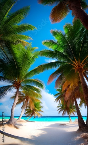 Idyllic tropical landscape with palm trees. Generative AI. Travel background 