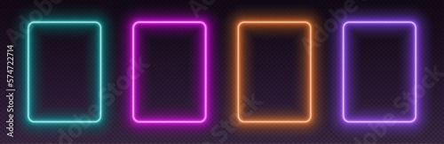 Neon rectangular frames, glowing borders set, colorful futuristic UI design elements. Vibrant geometric shapes, modern signs collection. Bright social media templates. Vector illustration.