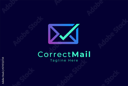 Mail logo design, mail symbol with check mark inside, vector illustration