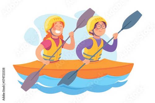Funny Boy and Girl Kayaking with Paddle or Oar Doing Water Sport Activity Vector Illustration