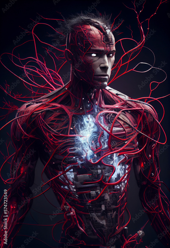 The body of a cyborg is a symbiosis of organics and technology. AI generated The body of a cyborg is a symbiosis of organics and technology. AI generated